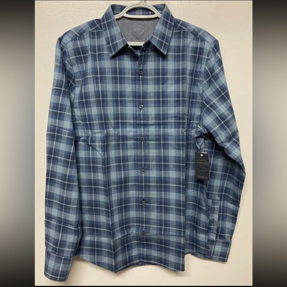 Flag & Anthem Mens Button Up Shirt Plaid Medium Adult Light Blue Navy Stretch - Picture 1 of 13